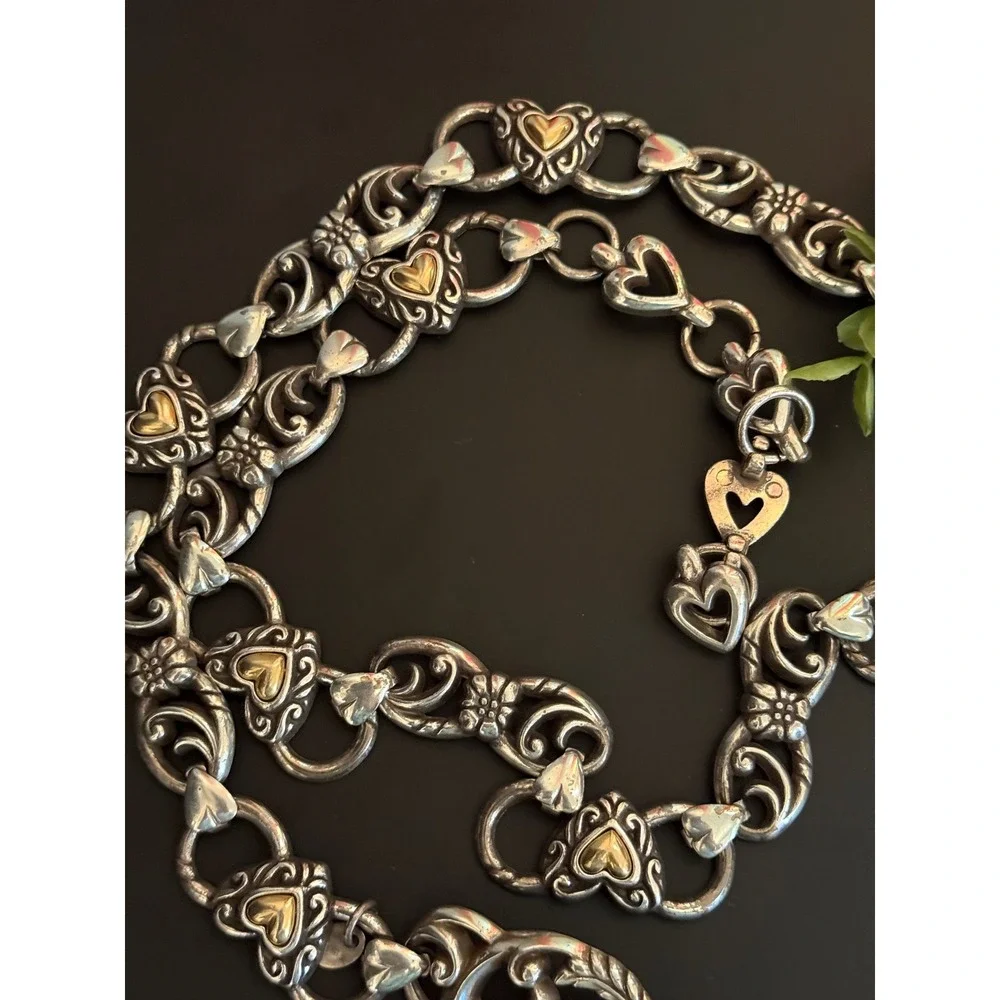 Brighton Two Tone Heart Scroll Chain Link Belt Western Mixed Metal 31.5in